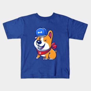 Cute Corgi With Baseball And Bone Hat Kids T-Shirt